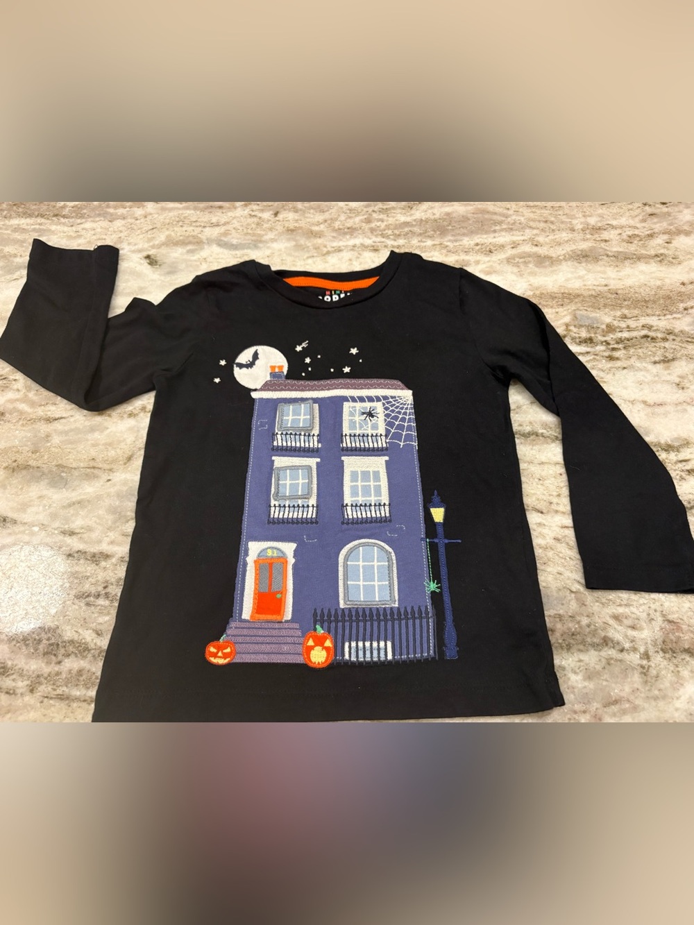 Mini Boden Appliqué lift the flap Black Long-Sleeve Tee Haunted House